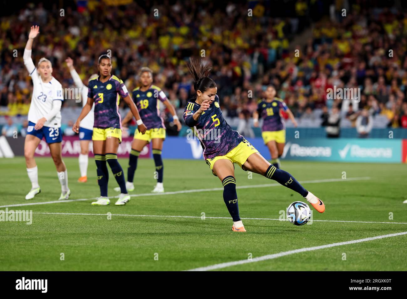 Sydney, Australia, 12 August, 2023. Lorena Bedoya Durango of Colombia clears the ball during the Women's World Cup quarter final football match between the England and Colombia at Stadium Australia on August 12, 2023 in Sydney, Australia. Credit: Damian Briggs/Speed Media/Alamy Live News Stock Photo
