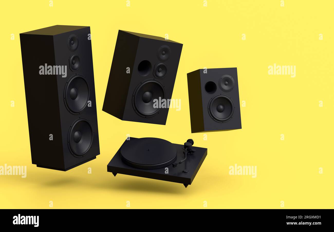 Set of Hifi speakers with loudspeakers and DJ turntable on monochrome