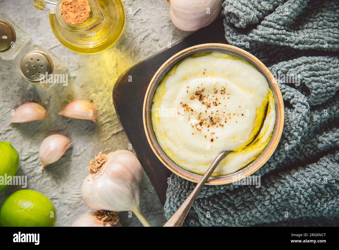 Arabic Cuisine; Traditional Lebanese garlic dip "Toum or Toumya". It is