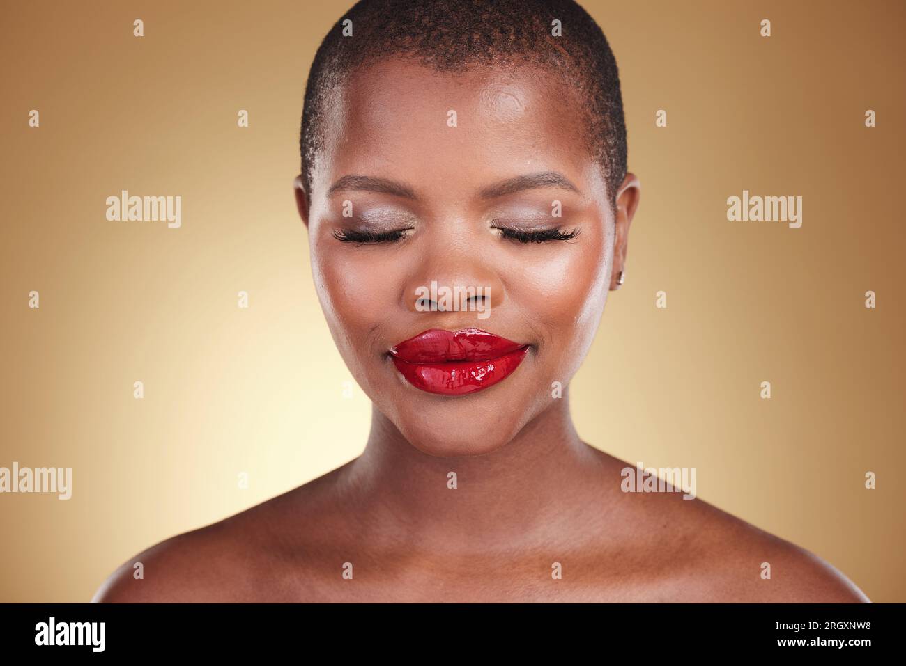 Red lipstick, makeup and a black woman with beauty in studio or skin care,  glow and cosmetics. Face of an African person or model with facial shine  Stock Photo - Alamy
