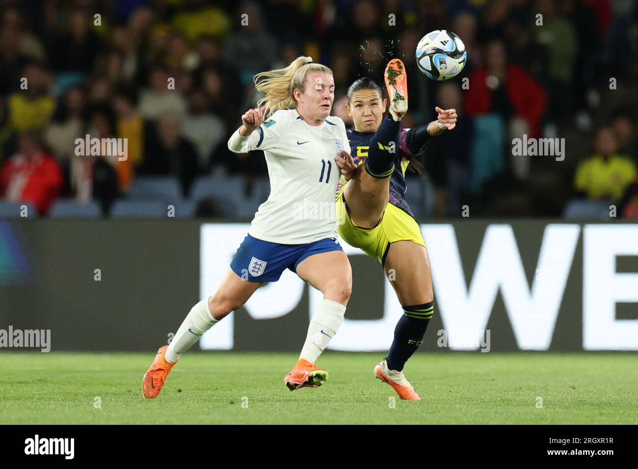 Sydney, Australia. 12th Aug, 2023. Lauren Hemp of England and Lorena Bedoya Durango of Colombia challenge for the ball during the FIFA Women's World Cup 2023 Quarter Final match between England Women and Colombia Women at Stadium Australia, Sydney, Australia on 12 August 2023. Photo by Peter Dovgan. Editorial use only, license required for commercial use. No use in betting, games or a single club/league/player publications. Credit: UK Sports Pics Ltd/Alamy Live News Stock Photo