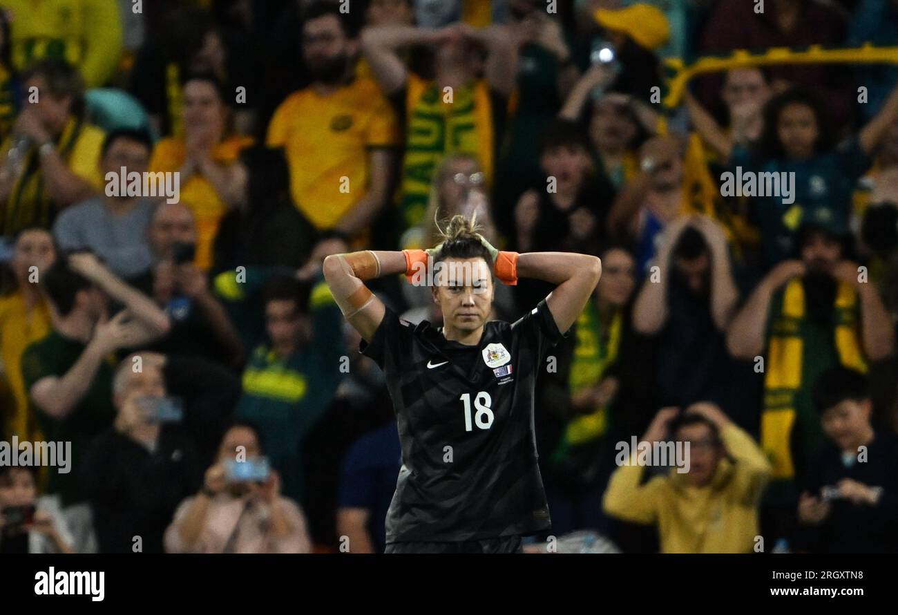 Brisbane, Australia. 12th Aug, 2023. Goalkeeper Mackenzie Arnold of Australia reacts after missing a penalty kick during the quarterfinal match between Australia and France at the 2023 FIFA Women's World Cup in Brisbane, Australia, Aug. 12, 2023. Credit: Li Yibo/Xinhua/Alamy Live News Stock Photo