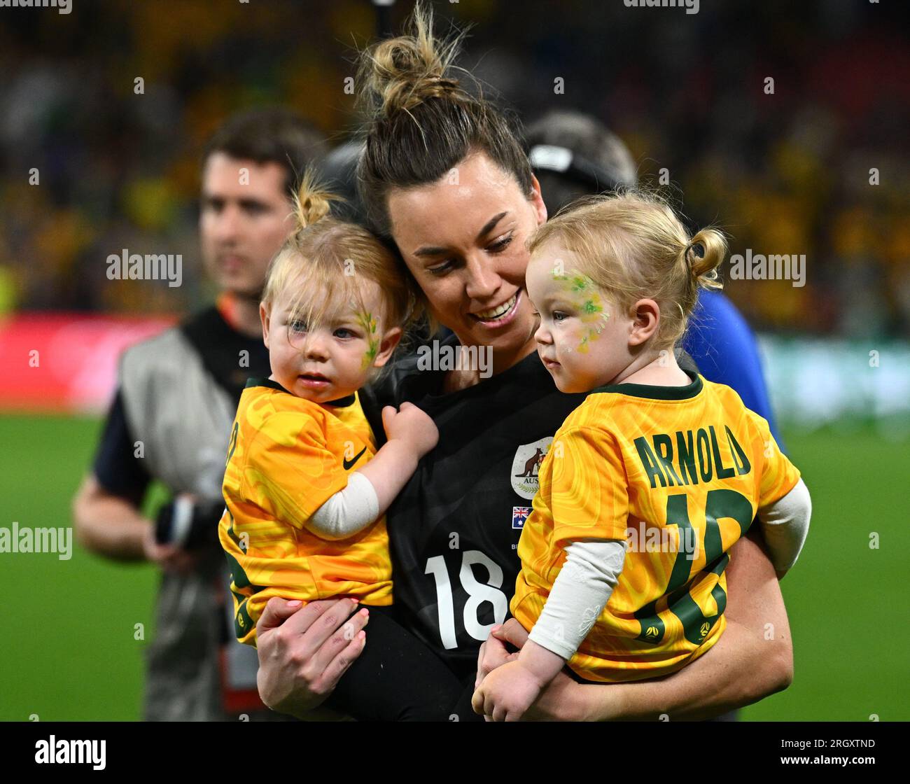 Brisbane, Australia. 12th Aug, 2023. Goalkeeper Mackenzie Arnold (C) of Australia reacts with her families after the quarterfinal match between Australia and France at the 2023 FIFA Women's World Cup in Brisbane, Australia, Aug. 12, 2023. Credit: Li Yibo/Xinhua/Alamy Live News Stock Photo