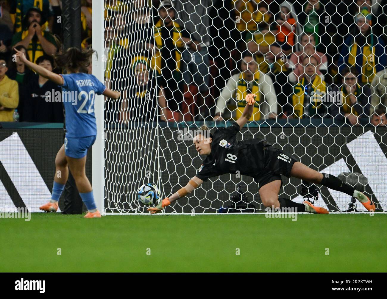 Brisbane, Australia. 12th Aug, 2023. Goalkeeper Mackenzie Arnold (R) of Australia saves the penalty kick by Eve Perisset of France during the quarterfinal match between Australia and France at the 2023 FIFA Women's World Cup in Brisbane, Australia, Aug. 12, 2023. Credit: Li Yibo/Xinhua/Alamy Live News Stock Photo