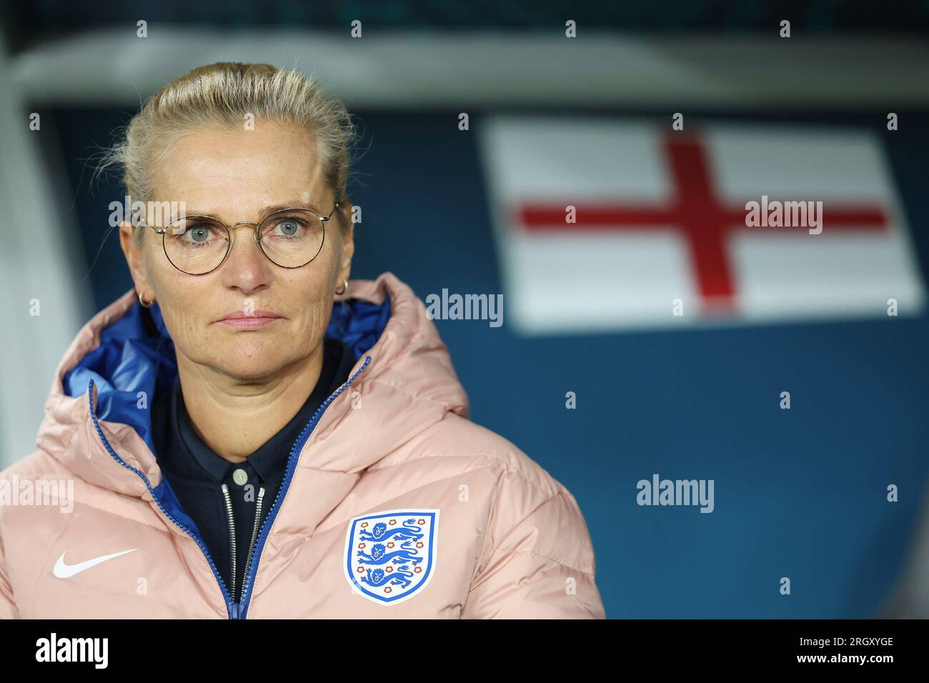 Sydney, Australia. 12th Aug, 2023. Head coach Sarina Wiegman of England is seen before the quarterfinal match between England and Colombia at the 2023 FIFA Women's World Cup in Sydney, Australia, Aug. 12, 2023. Credit: Bai Xuefei/Xinhua/Alamy Live News Stock Photo