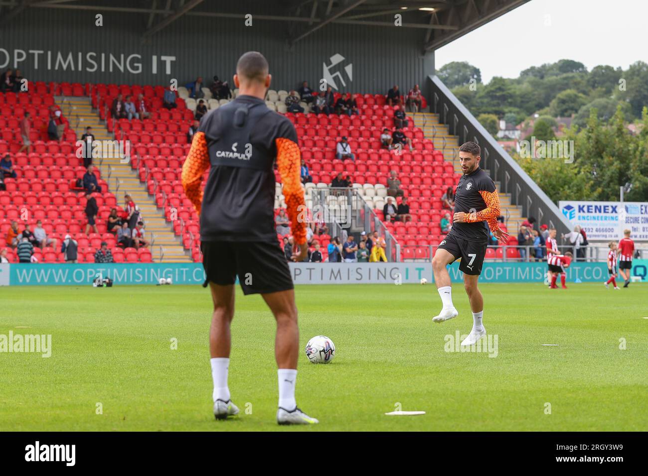 Owen Dale #7 of Blackpool during the pre-game warm up ahead of the Sky Bet League 1 match Exeter City vs Blackpool at St James' Park, Exeter, United Kingdom, 12th August 2023  (Photo by Gareth Evans/News Images) Stock Photo