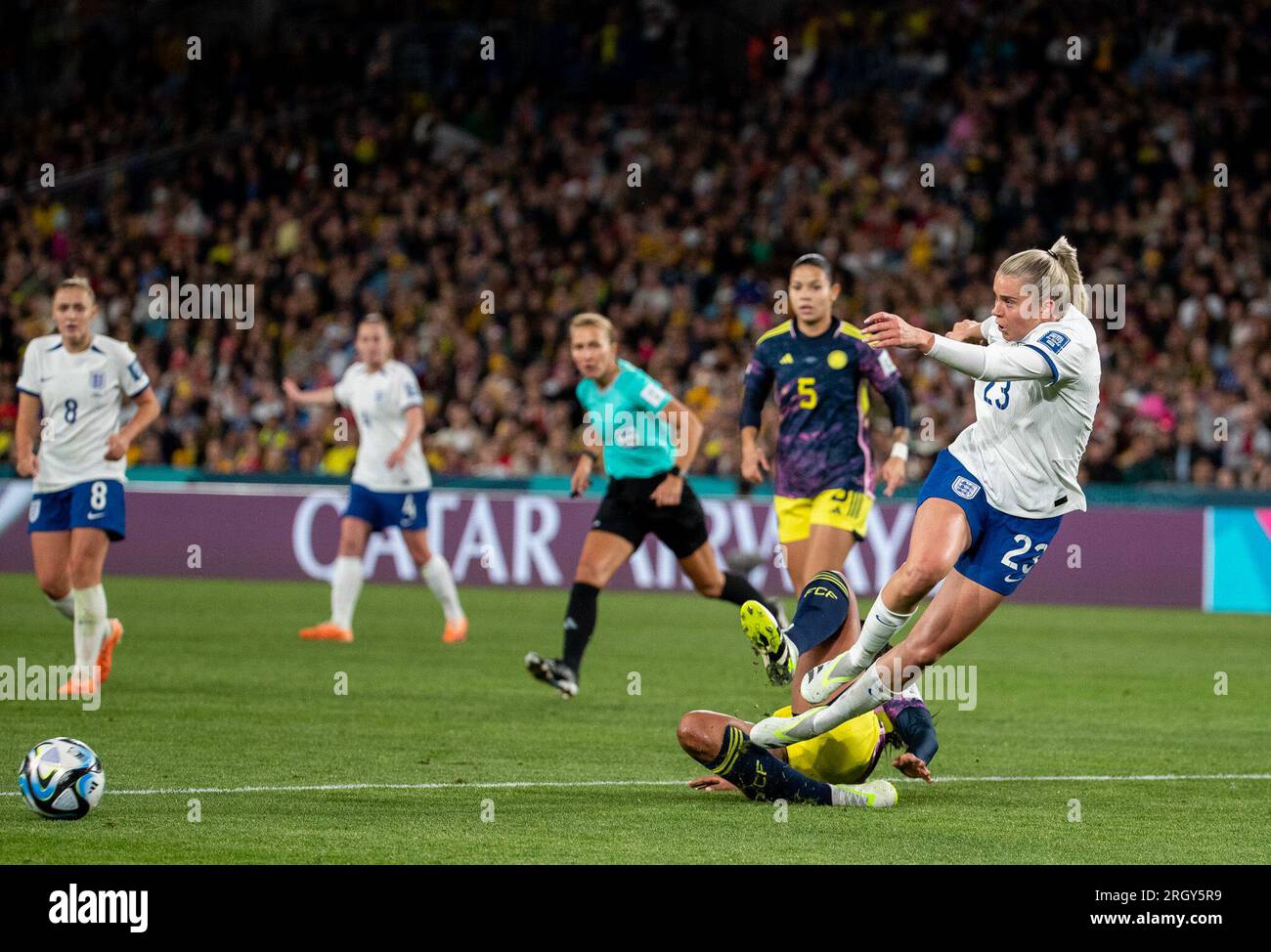 Sydney, Australia. 12th Aug, 2023. England's Alessia Russo (1st R) competes during the quarterfinal match between England and Colombia at the 2023 FIFA Women's World Cup in Sydney, Australia, Aug. 12, 2023. Credit: Hu Jingchen/Xinhua/Alamy Live News Stock Photo