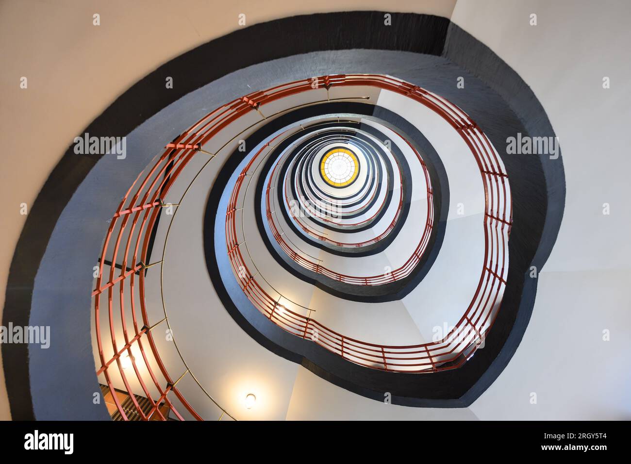 Hamburg, Germany - June 16 2023: Sprinkenhof Expressionist Interior Spiral Staircase Stock Photo