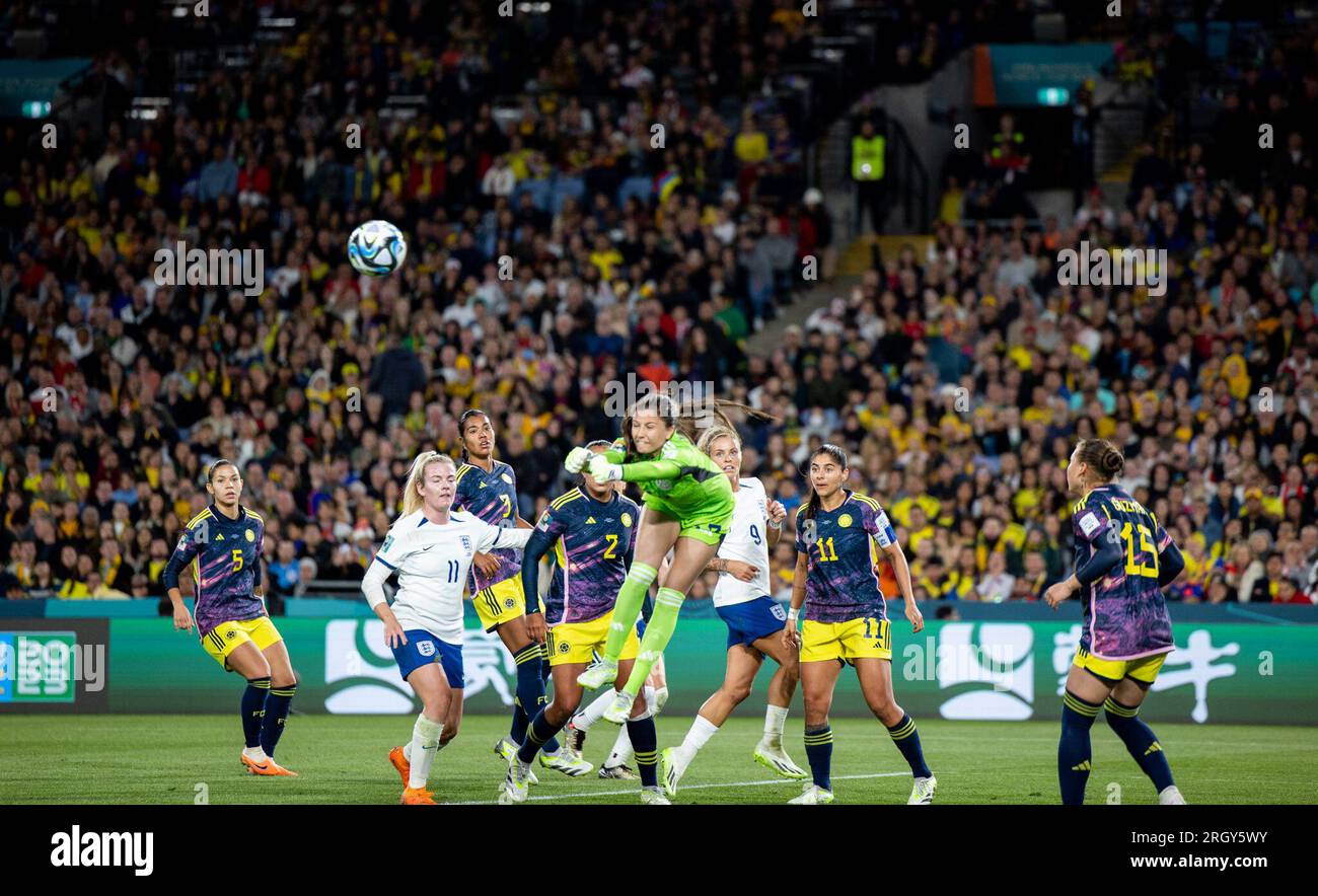 Sydney, Australia. 12th Aug, 2023. Colombia's Goalkeeper Natalia Giraldo (front) makes a save during the quarterfinal match between England and Colombia at the 2023 FIFA Women's World Cup in Sydney, Australia, Aug. 12, 2023. Credit: Hu Jingchen/Xinhua/Alamy Live News Stock Photo