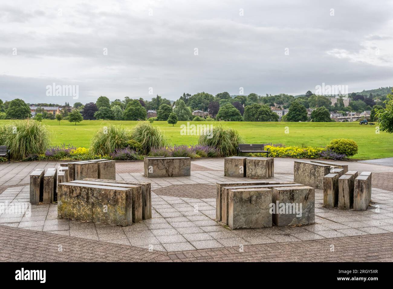 Seasons, Time and Place by Frances Pelly 1991.  Public art on North Inch, Perth, Scotland. Stock Photo