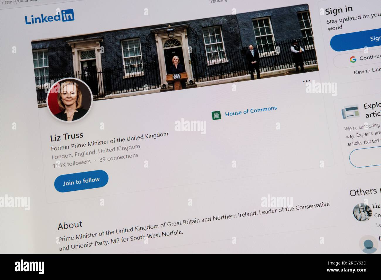 The LinkedIn site of Liz Truss, former UK Prime Minister.  MP for South West Norfolk. Stock Photo
