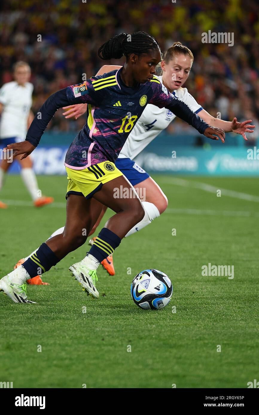 12th August 2023;  Stadium Australia, Sydney, NSW, Australia: FIFA Womens World Cup Quarter Final Football, England versus Colombia;  Linda Caicedo of Columbia is closely marked by Keira Walsh of England Stock Photo
