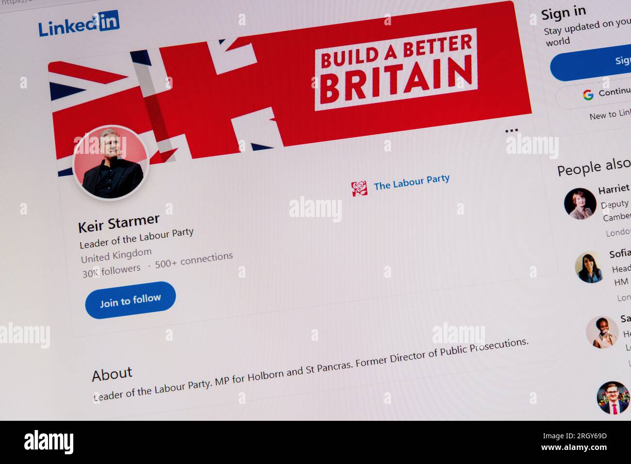 The LinkedIn site of Sir Keir Starmer, Leader of the Labour Party.  MP for  Holborn and St Pancras. Stock Photo