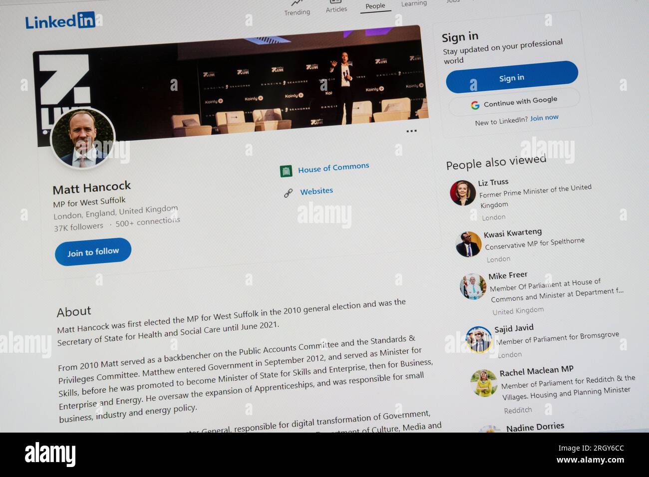 The LinkedIn site of Matt Hancock, MP for West Suffolk. Stock Photo