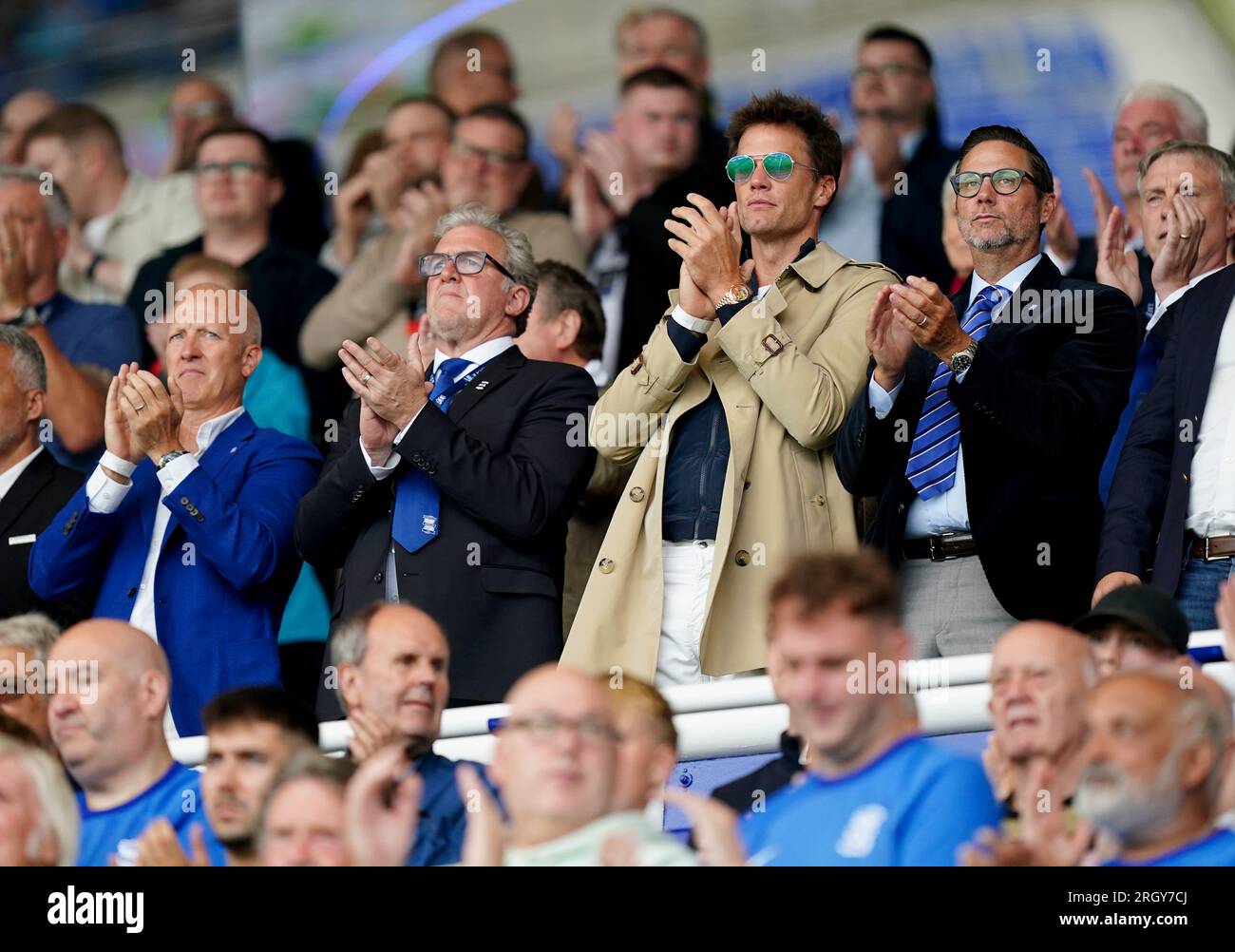 Left to right, Birmingham City chairman Tom Wagner, CEO Garry Cook, co-owner Tom Brady and director Matt Alvarez in the stands before the Sky Bet Championship match at St. Andrew's, Birmingham. Picture date: Saturday August 12, 2023. Stock Photo