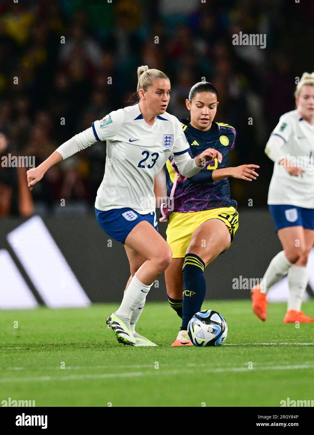 Sydney, Australia. 12th Aug, 2023. Alessia Mia Teresa Russo (L) of England women national soccer team and Lorena Bedoya Durango (R) of Colombia women national soccer team are seen in action during the FIFA Women's World Cup 2023 match between England and Colombia held at the Stadium Australia. Finals score England 2:1 Colombia Credit: SOPA Images Limited/Alamy Live News Stock Photo