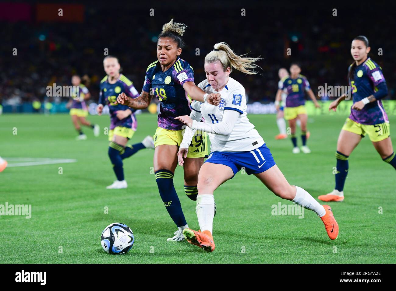 Sydney, Australia. 12th Aug, 2023. Jorelyn Daniela Carabali Martinez (L) of Colombia women national soccer team and Lauren May Hemp (R) of England women national soccer team are seen in action during the FIFA Women's World Cup 2023 match between England and Colombia held at the Stadium Australia. Finals score England 2:1 Colombia (Photo by Luis Veniegra/SOPA Images/Sipa USA) Credit: Sipa USA/Alamy Live News Stock Photo