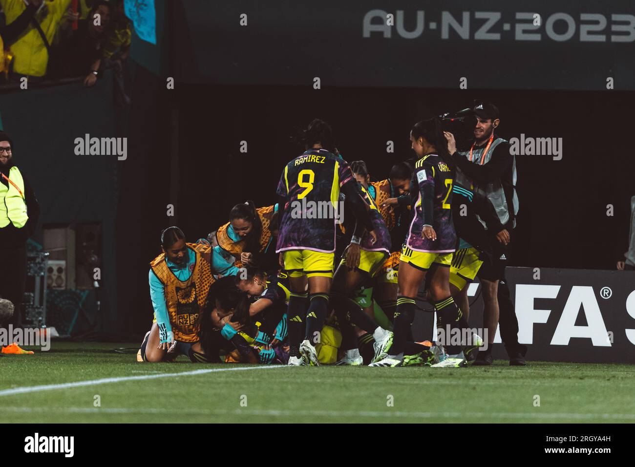 Sydney, Australia. 12th Aug, 2023. Colombia Team celebrating their goal during the 2023 FIFA Womens World Cup Quarter Final football match between England and Colombia at Stadium Australia in Sydney, Australia. (Pauline FIGUET - SPP) Credit: SPP Sport Press Photo. /Alamy Live News Stock Photo