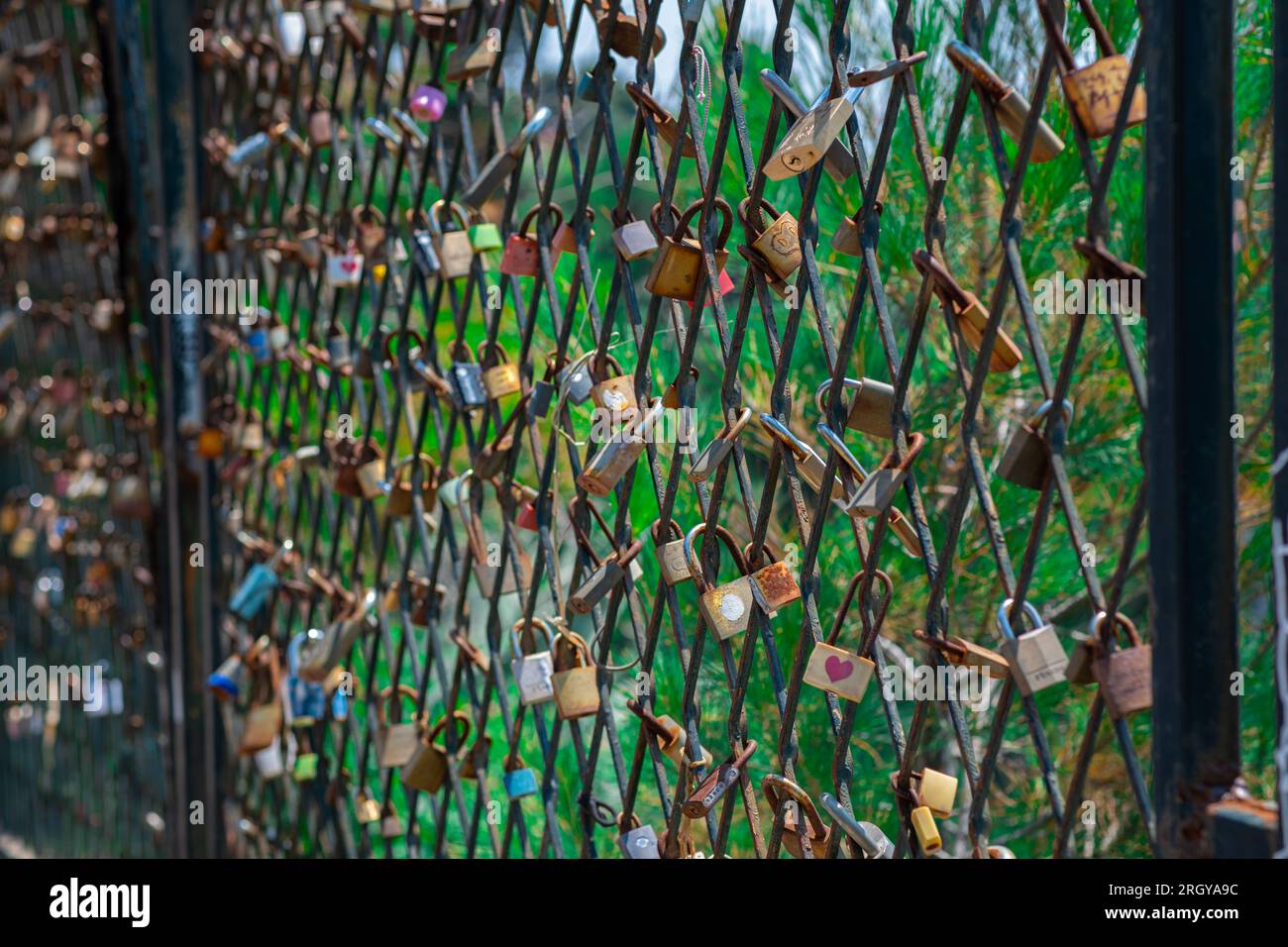 A mesh fence on the seashore with padlocks symbolizing love. Love locks are hung on the fence in large numbers on the sea promenade. Sea on background Stock Photo