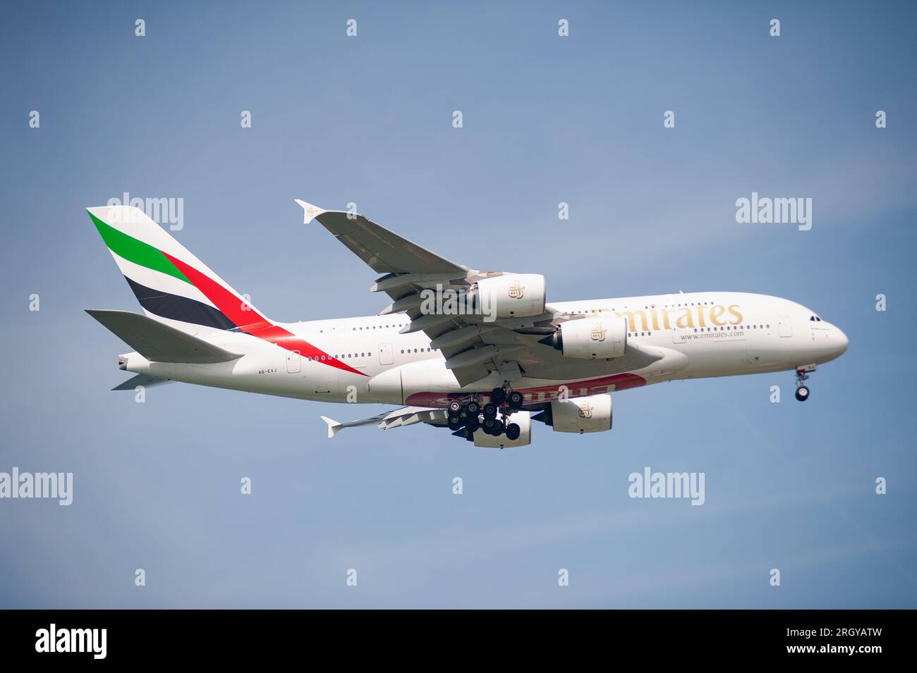 30.07.2023, Singapore, Republic of Singapore, Asia - An Airbus A380-800 passenger aircraft of the Arabian airline Emirates Airline lands at Changi. Stock Photo