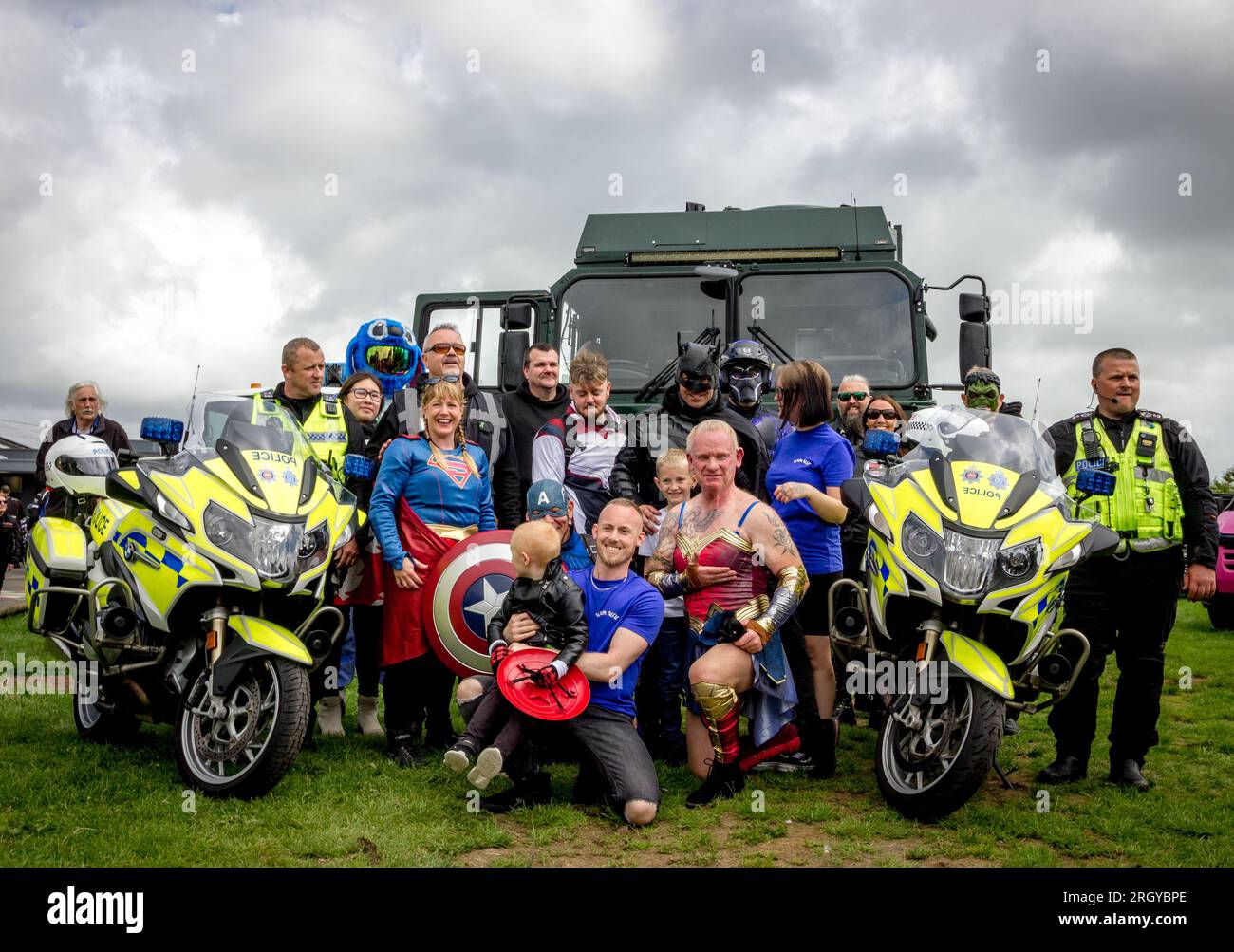 Eastbourne, East Sussex, UK. 12th Aug, 2023. Hundreds of Motorcyclists, motorcycle groups and vintage vehicles from around the region gather to take part in a fundraiser for 6 year Alfie from Eastbourne who has been battling a brain tumour since 2017. The riders who will escort Alfie around the parts of East Sussex to raise funds to assist with Alfie's treatment for the tumour which is now impacting on his eyesight. Any funds raised will also go towards financing a trip to Disneyland for Alfie and his family. Credit: Newspics UK South/Alamy Live News Stock Photo