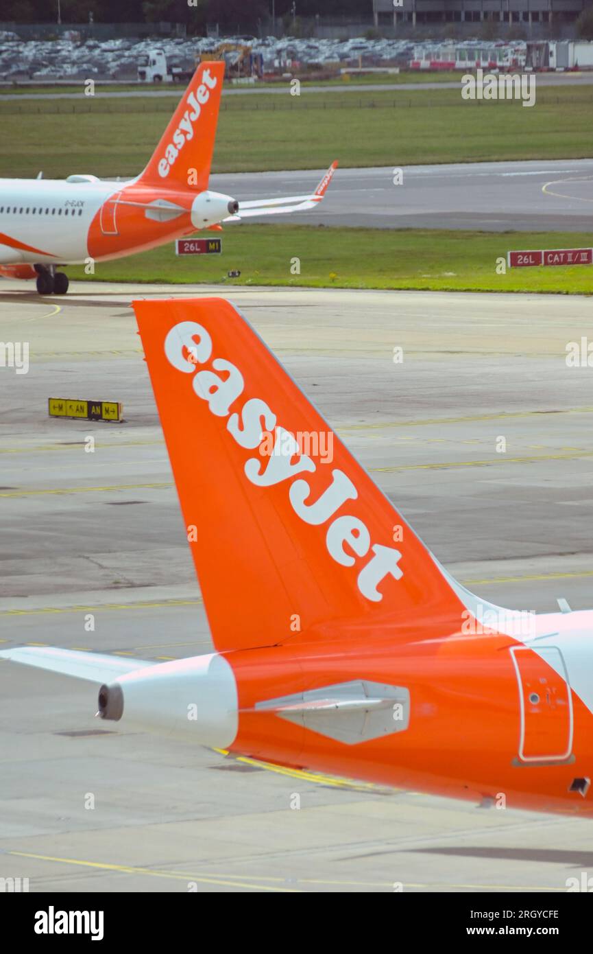 London, England, UK 1 August 2023 Tail fin of an Airbus A320