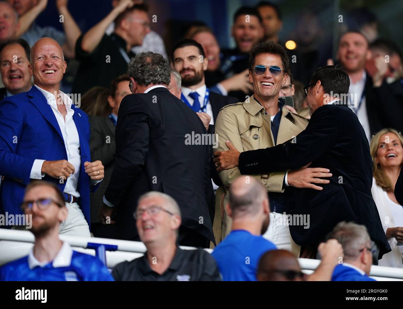 Left to right, Birmingham City chairman Tom Wagner, CEO Garry Cook, co-owner Tom Brady and director Matt Alvarez celebrate in the stands during the Sky Bet Championship match at St. Andrew's, Birmingham. Picture date: Saturday August 12, 2023. Stock Photo