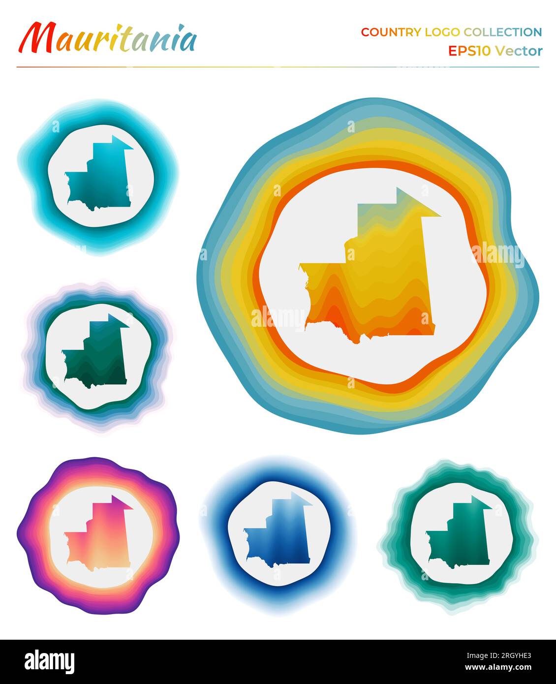 Mauritania logo collection. Colorful badge of the country. Layers around Mauritania border shape. Vector illustration. Stock Vector