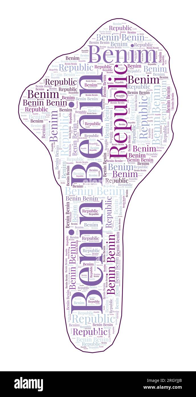 Benin shape filled with country name in many languages. Benin map in word cloud style. Charming vector illustration. Stock Vector