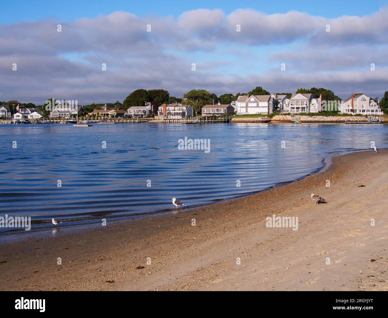 A charming Cape Cod beach in New England graced by quaint houses lining