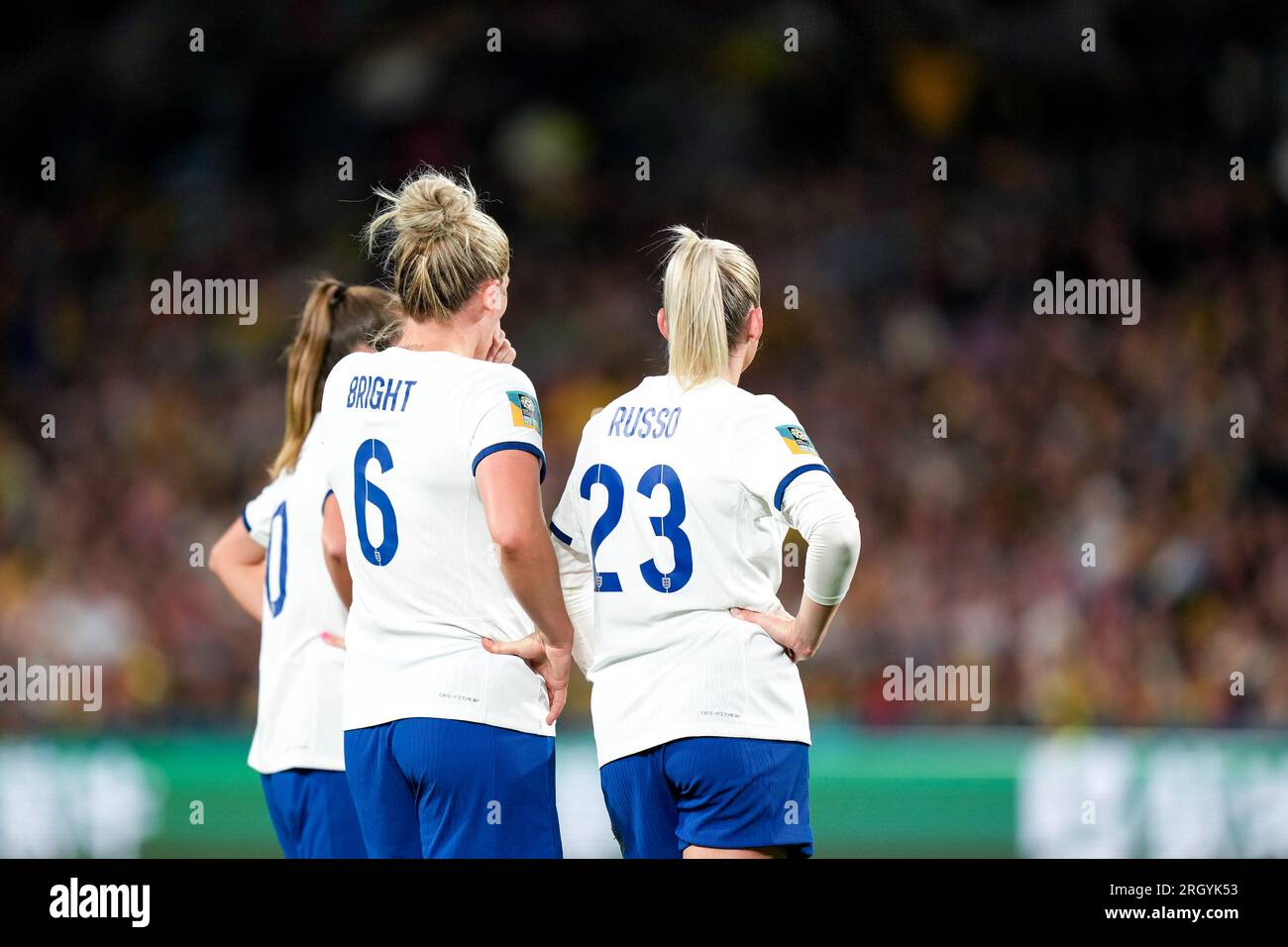 Sydney, Australia. 12th Aug, 2023. Sydney, Australia, August 20thh 2023: Ella Toone (10 England), Millie Bright (6 England) and Alessia Russo (23 England) look on during the FIFA Womens World Cup 2023 quarterfinal football match between England and Colombia at Stadium Australia in Sydney, Australia. (Daniela Porcelli/SPP) Credit: SPP Sport Press Photo. /Alamy Live News Stock Photo