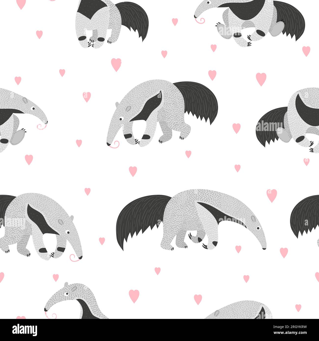 Seamless pattern with cute cartoon ant eater and hearts. Stock Vector