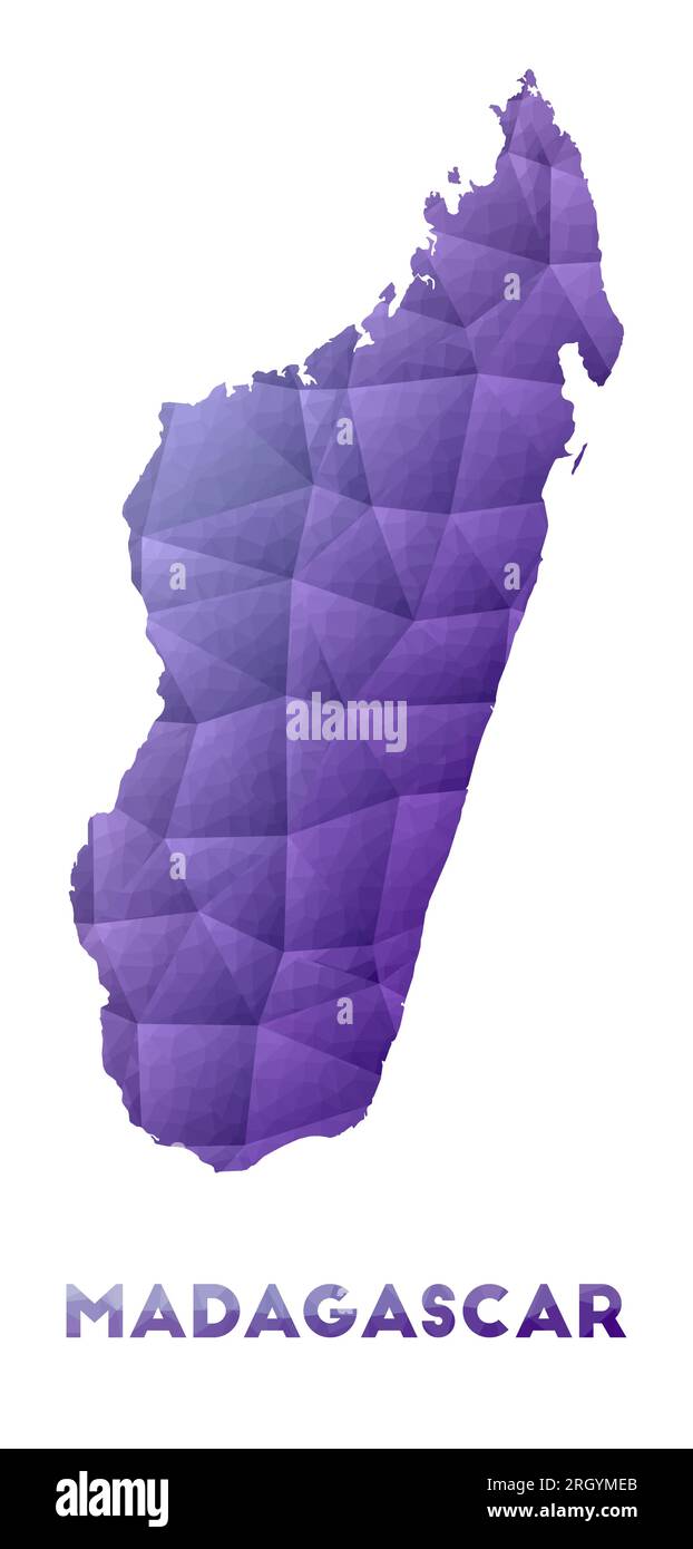Map of Madagascar. Low poly illustration of the country. Purple geometric design. Polygonal vector illustration. Stock Vector