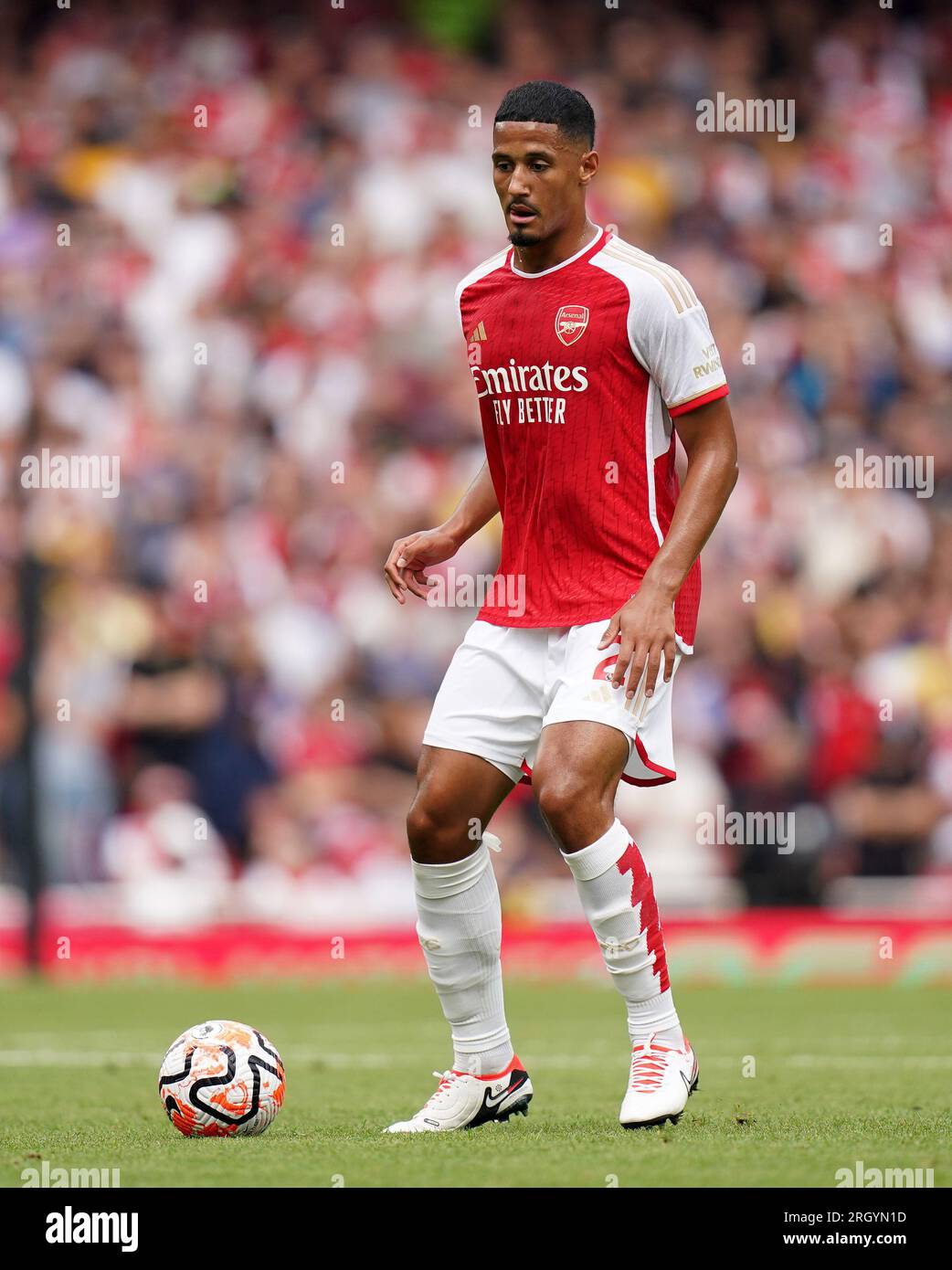 Arsenal's William Saliba during the Premier League match at the Emirates Stadium, London. Picture date: Saturday August 12, 2023. Stock Photo