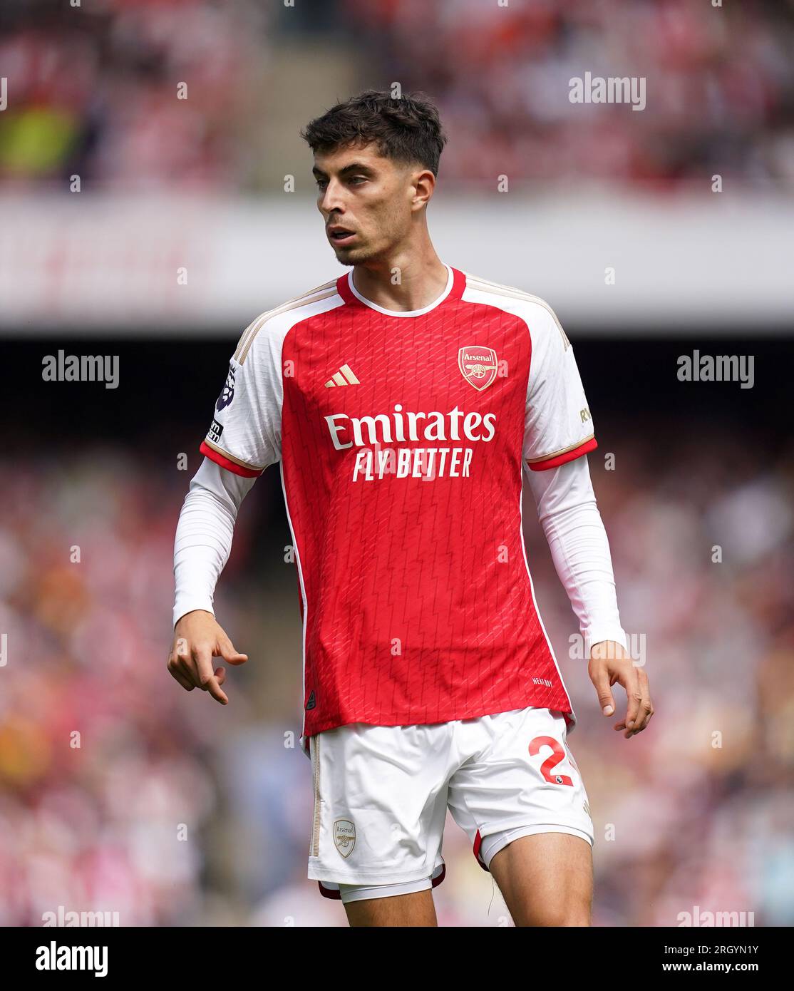 Arsenal's William Saliba during the Premier League match at the Emirates Stadium, London. Picture date: Saturday August 12, 2023. Stock Photo
