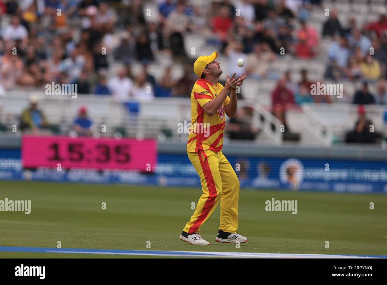 London, UK. 12th Aug, 2023. Lewis Gregory of the Trent Rockets takes the catch and Adam Rossington is out as the London Spirit take on the Trent Rockets in The Hundred men's competition at Lords. Credit: David Rowe/Alamy Live News Stock Photo