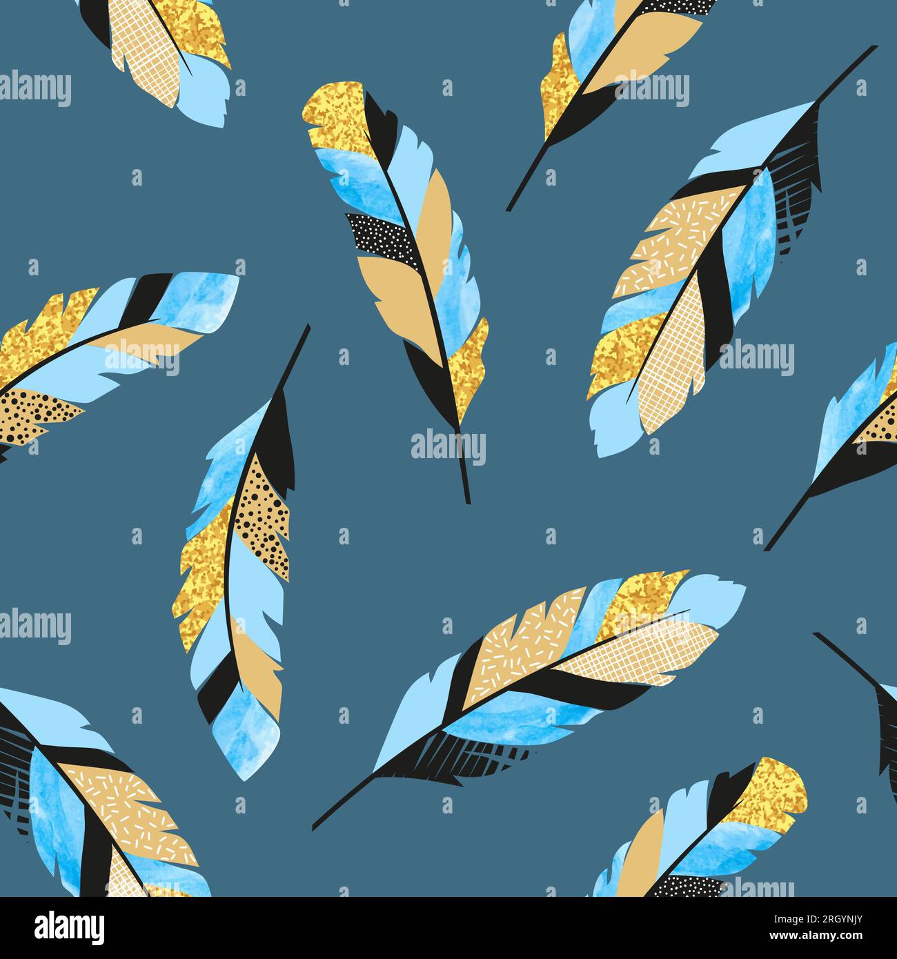 Seamless vector pattern with blue and golden decorative feathers. Stock Vector