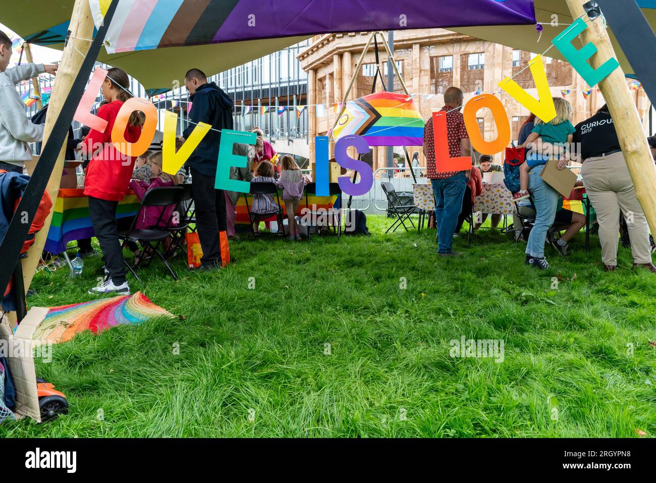 Newcastle upon Tyne, UK. 12th August 2023. Novum Summer Festival in the city, featuring multi-art forms and running 11-13th August. The festival is hoped to become an annual event, showcasing local, national and international talent. -- Curious Arts stall with Express Yourself craft activities. Credit: Hazel Plater/Alamy Live News Stock Photo