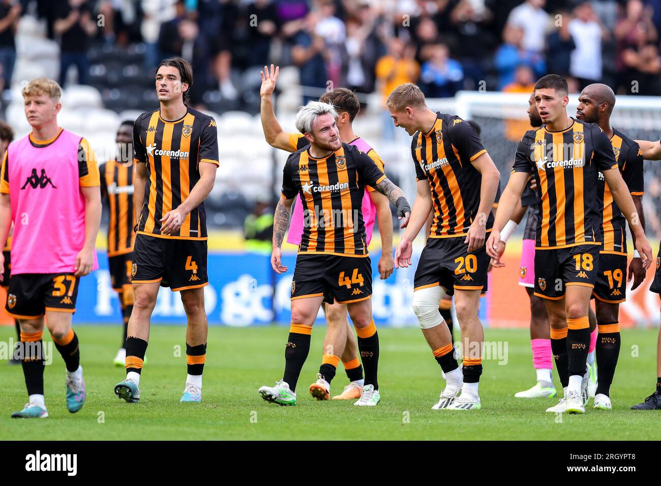 Hull, UK. 28th July, 2023. Hull City players celebrate at full time during the Sky Bet Championship match Hull City vs Sheffield Wednesday at MKM Stadium, Hull, United Kingdom, 12th August 2023 (Photo by Ryan Crockett/News Images) in Hull, United Kingdom on 7/28/2023. (Photo by Ryan Crockett/News Images/Sipa USA) Credit: Sipa USA/Alamy Live News Stock Photo