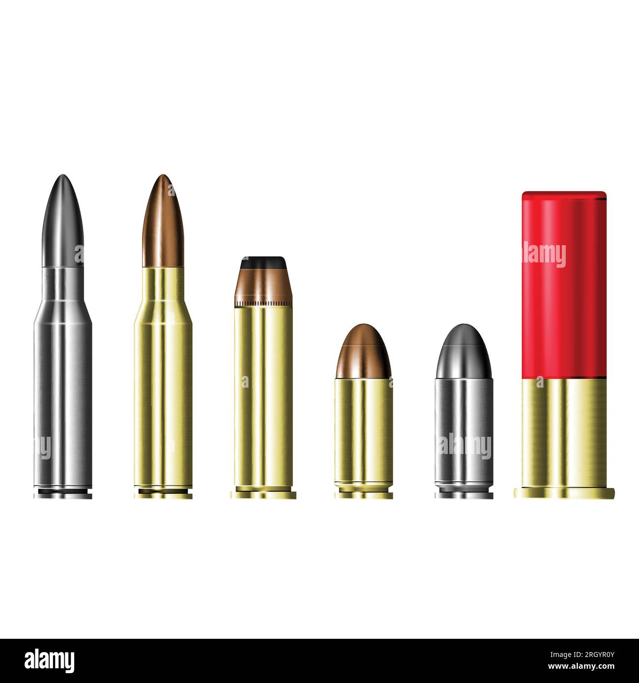 Cartridge cases with bullets, hunting and military ammunition,  set of ammo cartridges isolated on transparent background, vector Stock Vector