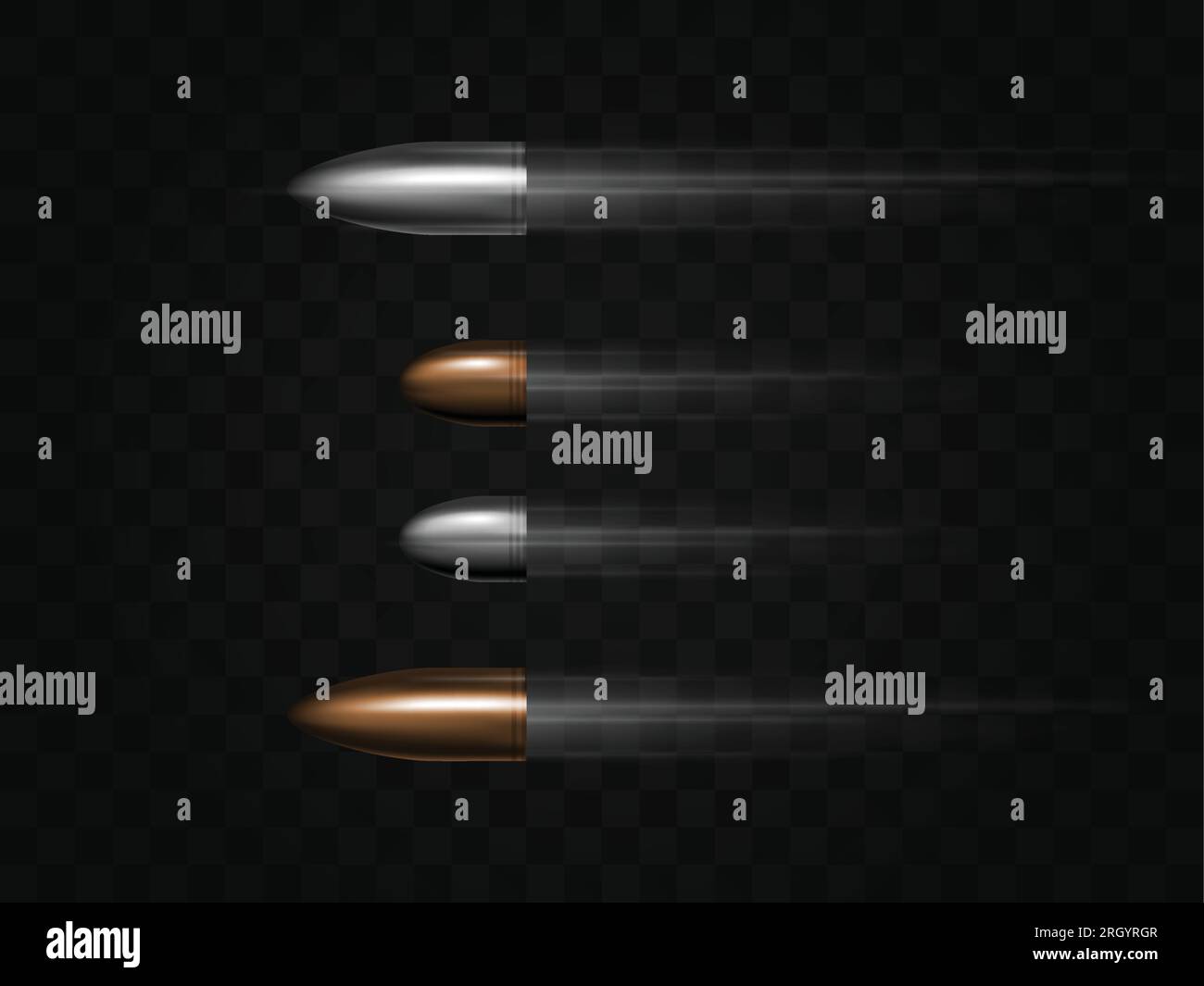 Bullet in flight with traces isolated on transparent background, firearms shot, silver and bronze bullets, vector Stock Vector