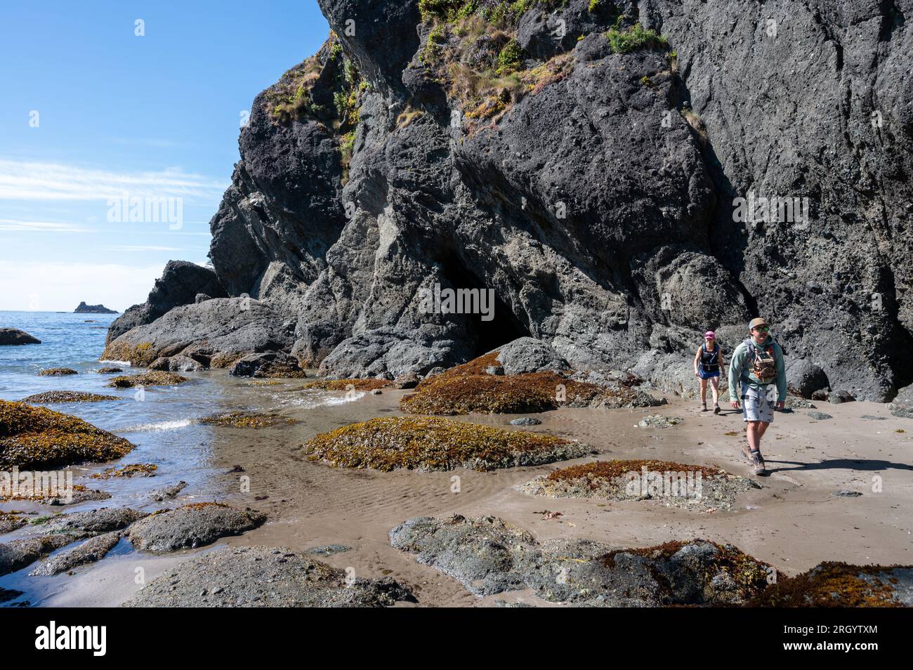 Hikers at Point of Arches on Shi Shi Beach Trail in Olympic National Park near Neah Bay, Washington on sunny summer afternoon. Stock Photo