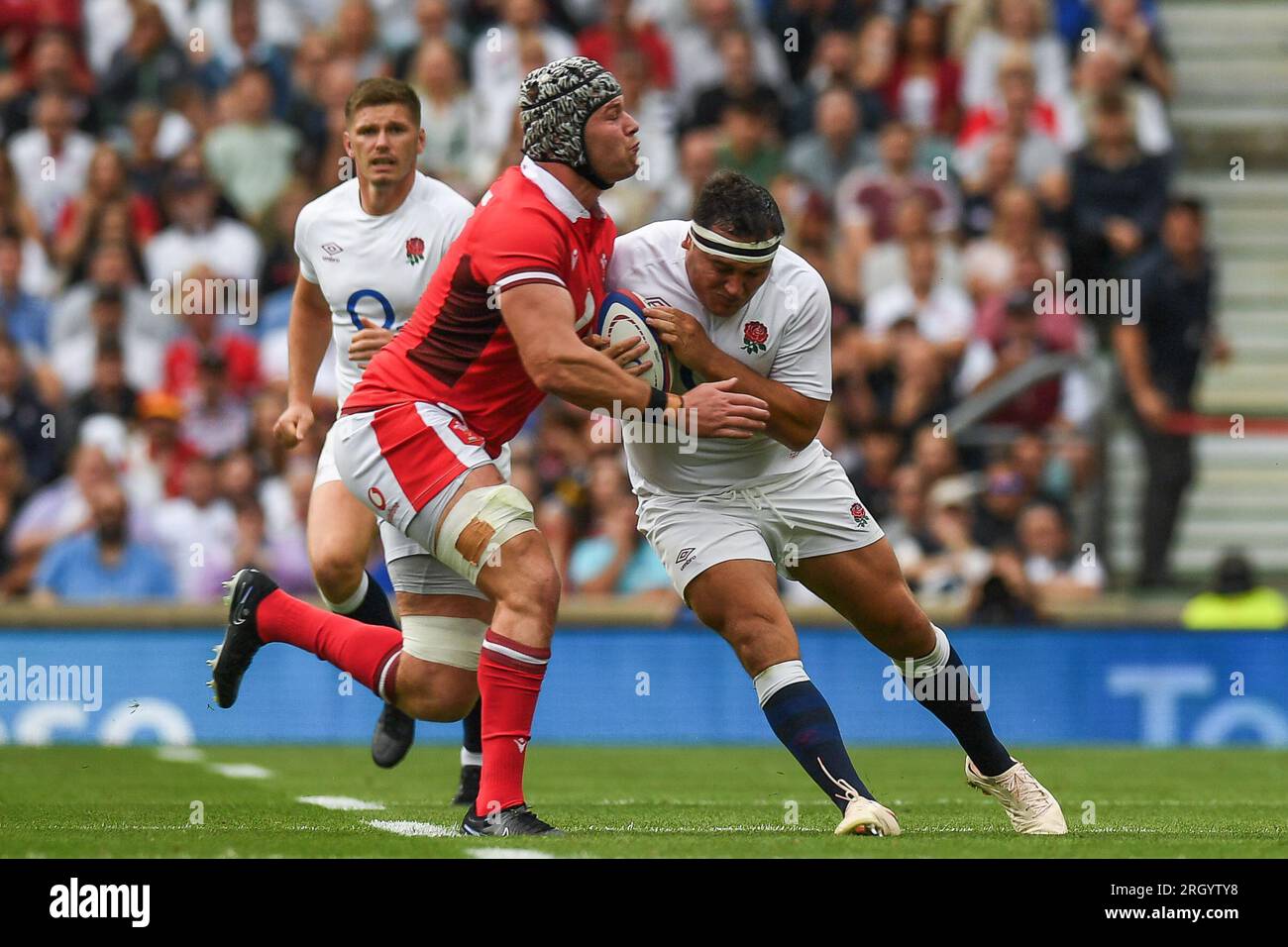 Jamie George of England is tackled by Dan Lydiate of Wales during the 2023 Summer Series match England vs Wales at Twickenham Stadium, Twickenham, United Kingdom, 12th August 2023 (Photo by Mike