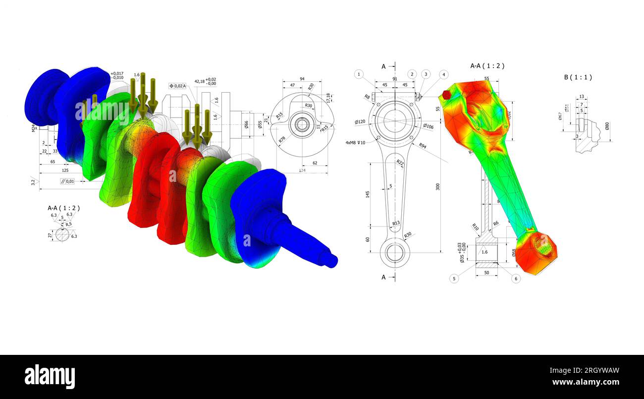 finite element method, FEM, and technical drawing crankshaft, testing fatigue and stress in the material Stock Photo