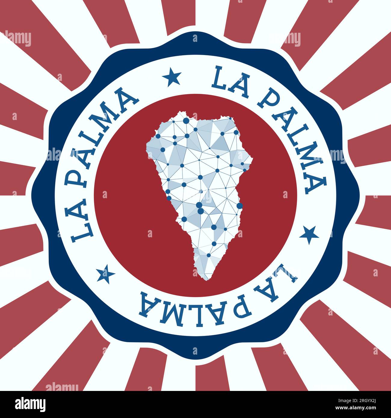 La Palma Badge. Round logo of island with triangular mesh map and radial rays. EPS10 Vector. Stock Vector