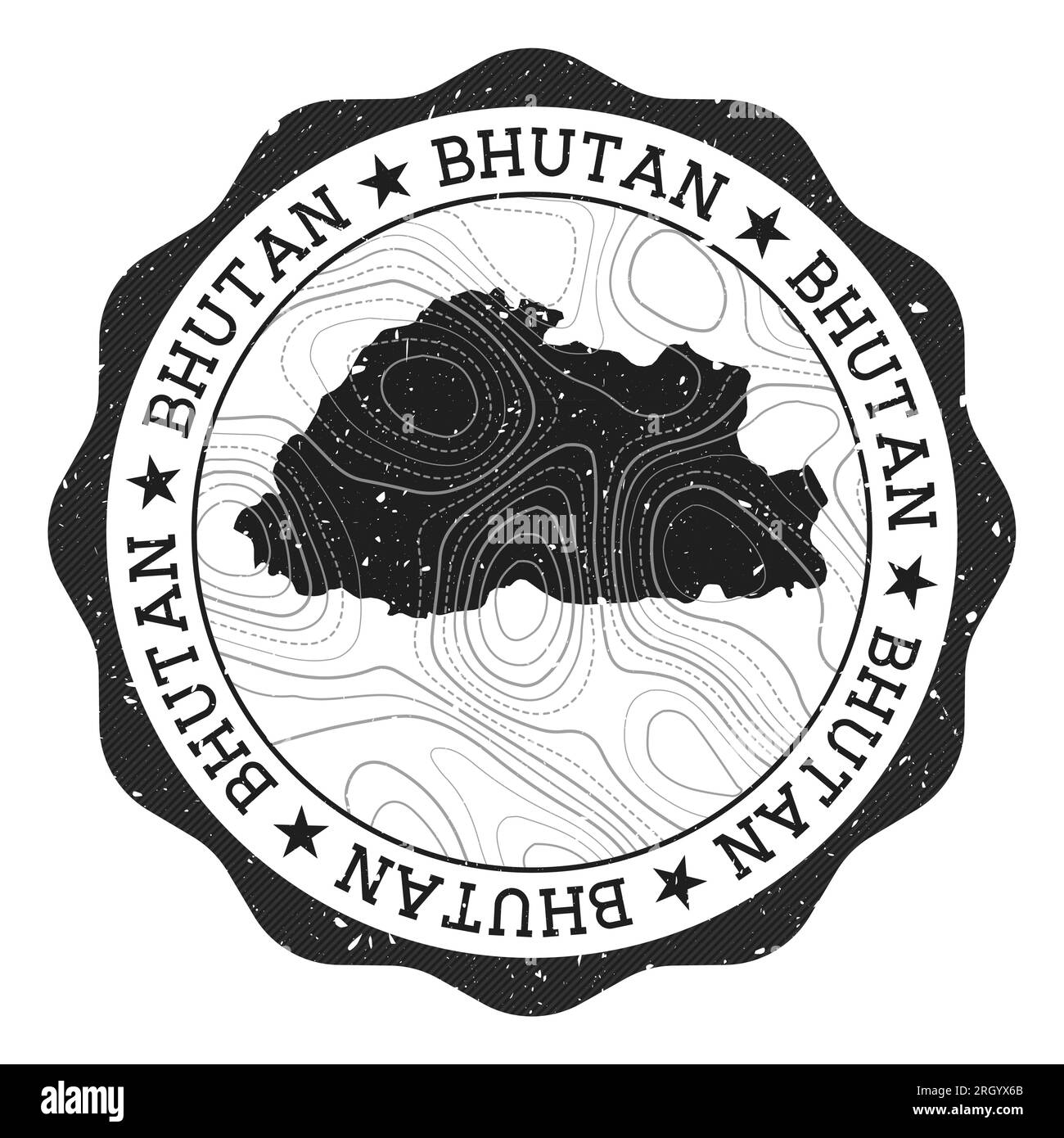 Bhutan outdoor stamp. Round sticker with map of country with topographic isolines. Vector illustration. Can be used as insignia, logotype, label, stic Stock Vector