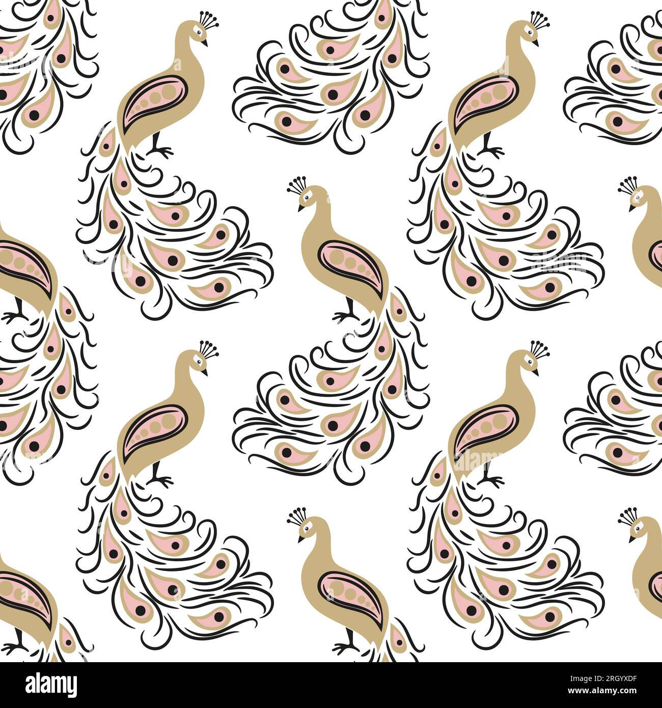 Seamless hand drawn golden peacock bird pattern Stock Vector