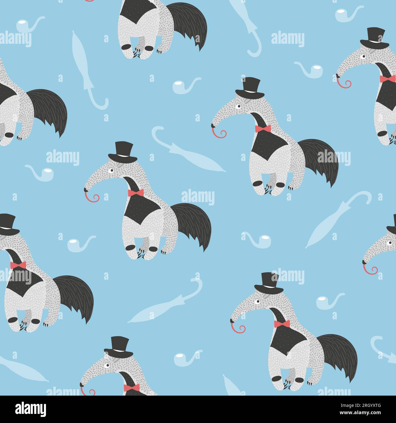Seamless pattern with cute ant eater. Little gentleman vector