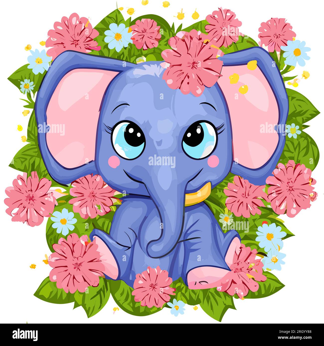 a blue elephant sitting in a flower filled frame with pink flowers and green leaves on a white background with a pink flower, cute and funny, a charac Stock Vector