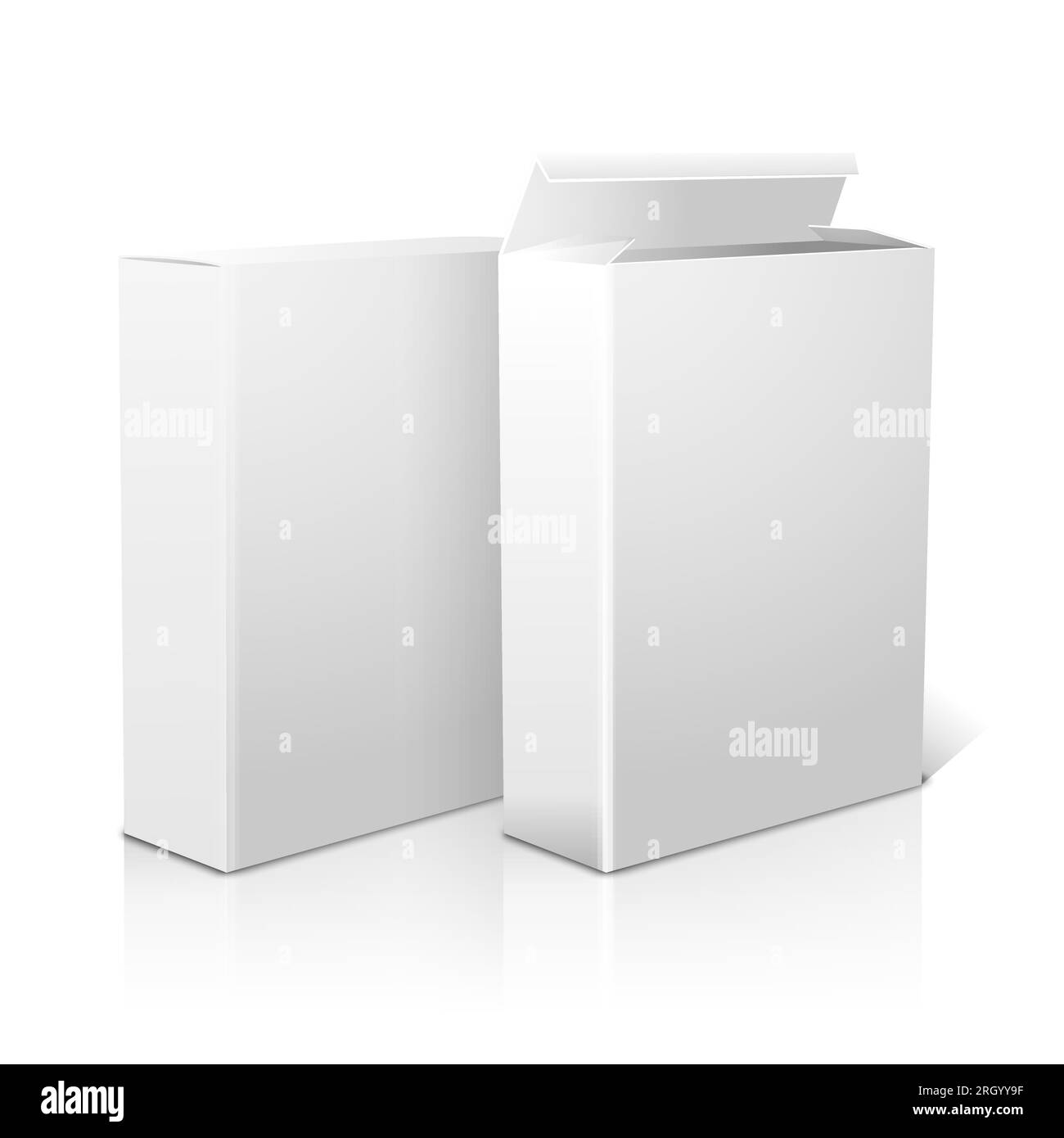 Two realistic white blank paper packages for cornflakes, muesli